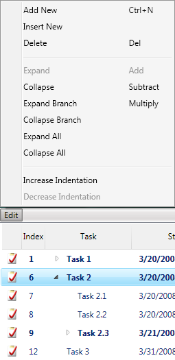 GanttChartTaskListView commands