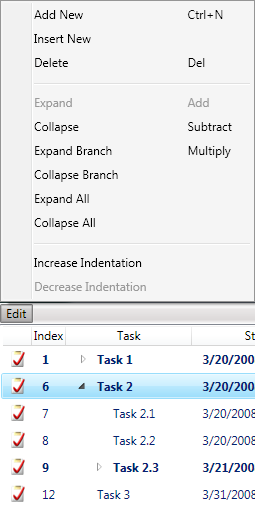 TaskListView commands